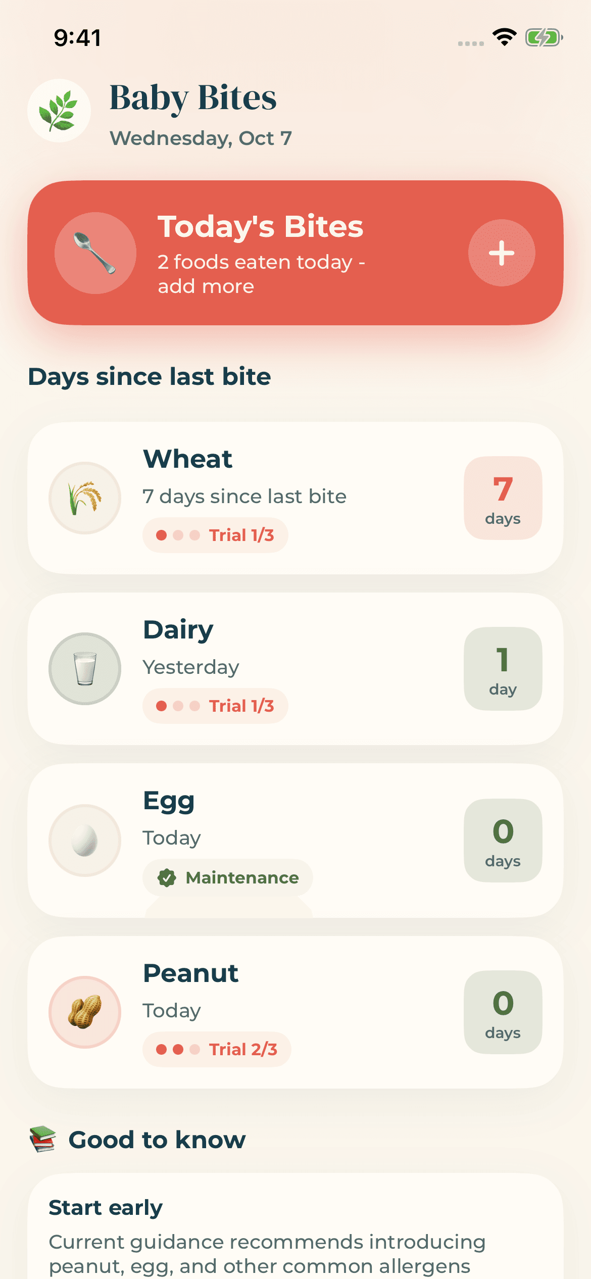 Baby Bites dashboard showing today's bites and days since each allergen