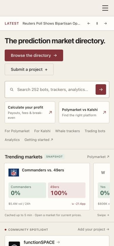 Prediction Market Tools directory, search, calculators, and market snapshots